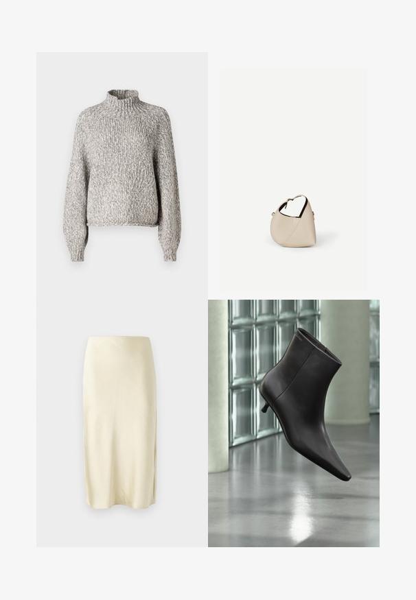 Suéter de punto gris claro con un cuello alto, corte oversized y mangas largas. La tela texturizada presenta un patrón sutil y variado.; Falda midi de satén en amarillo pálido con una textura suave, que presenta una abertura lateral y un diseño de corte recto. Silueta simple y elegante.; Bota de cuero negro para el tobillo con puntera puntiaguda y tacón pequeño, exhibida frente a una pared de bloques de vidrio y un suelo pulido.; Bolso de cuero beige en forma de media luna con una sola correa para el hombro y costuras mínimas, colocado sobre un fondo blanco liso.