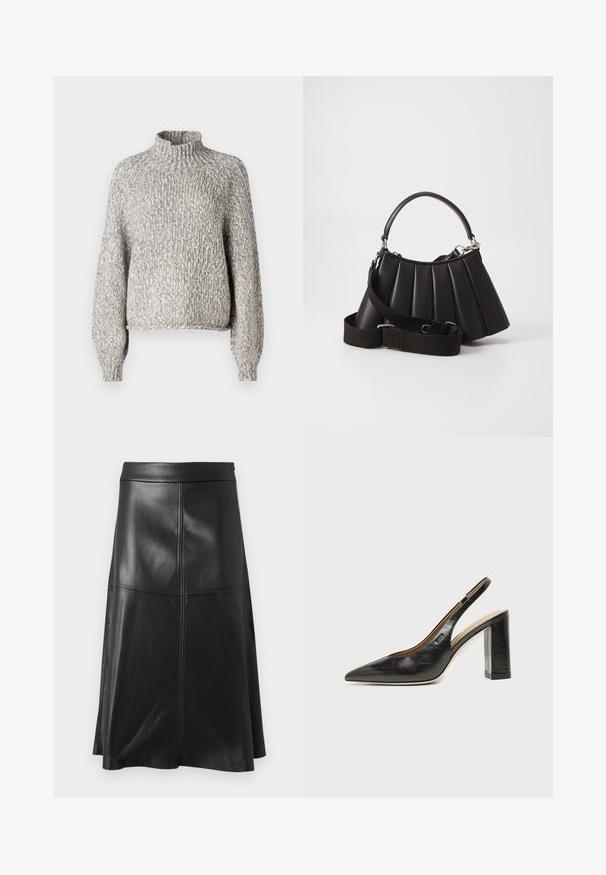 Suéter de punto gris claro con un cuello alto, corte oversized y mangas largas. La tela texturizada presenta un patrón sutil y variado.; Falda negra de cuero tipo A con una textura suave, que presenta detalles de costura vertical y una cinturilla. El dobladillo cae justo por debajo de la rodilla.; Zapato slingback de piel negra con puntera puntiaguda, tacón alto y ancho, y forro interior beige sobre un fondo claro y liso.; Bolso de mano negro con pliegues, manejo redondeado, correa ajustable y textura brillante. Presenta herrajes plateados y una silueta estructurada.