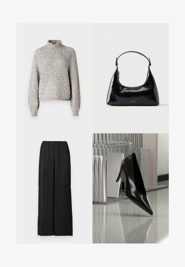 Pull en tricot gris clair avec un col montant, coupe oversize et manches longues. Le tissu texturé présente un motif subtil et varié.; Pantalon noir à jambes larges en tissu doux, avec une taille élastique et un design épuré et minimaliste. Sans poches ni ornements.; Chaussure noire à talon haut avec bout pointu et logo doré, posée sur une surface réfléchissante près d'un organiseur de dossiers en fil chromé contenant des documents.; Sac à main Calvin Klein noir brillant avec fermeture éclair dorée et anse courte sur fond blanc uni.