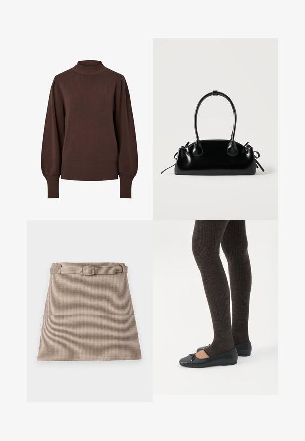 Pull marron à manches longues avec un col haut côtelé, des manches bouffantes et de larges poignets et ourlet côtelés.; Shorts à motif pied-de-coq marron et beige avec une taille ceinturée, des lignes épurées, une structure ajustée et une texture de tissu lisse.; Jambes portant des leggings côtelés foncés associés à des ballerines noires avec de petits détails en nœud sur fond blanc.; Petit sac à main noir brillant avec deux longues anses et des détails à cordon sur les côtés sur un fond clair uni.