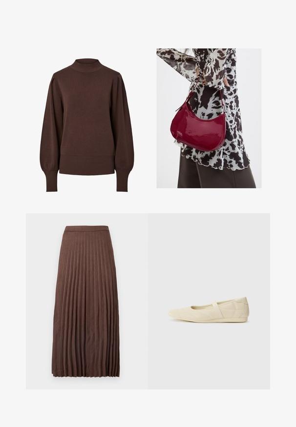 Bruine trui met lange mouwen, een hoge geribde nek, pofmouwen en brede geribde boorden en zoom.; Bruine plissé midi rok van textiel met een fitted tailleband en verticale plooien die van de taille tot de zoom lopen.; Beige ballerina's met een gladde leren buitenkant, amandelvormige punt en elastische band over de wreef, met subtiele stiksels.; Vrouw met een zwart-wit gebloemde blouse houdt een glanzende rode schoudertas vast tegen een effen achtergrond.