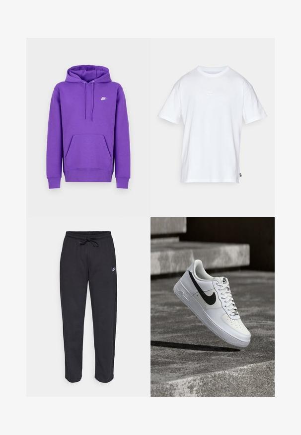 Lilla Nike hoodie med en forlommes, snoretræk i huen og hvidt logo på brystet. Lavet af blødt sweatshirtmateriale.; Hvid bomulds T-shirt med korte ærmer og rund hals. Har et lille, diskret Nike-logo på brystet og et sidelabel.; Sorte sweatpants lavet af blødt stof med elastisk talje, snøre og et lille Nike-logo på venstre lår.; Hvid Nike Air Force 1-sneaker med sort swoosh, snørebånd bundet, placeret i luften over tekstureret betonoverflade udendørs.