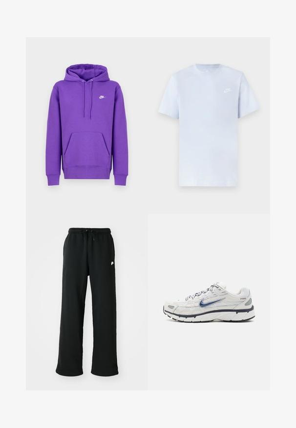 Fialová mikina Nike s predným vreckom, kapucňou na šnúrku a bielym logom na hrudi. Vyrobená z mäkkého materiálu na mikiny.; Svetlomodré bavlnené tričko s krátkymi rukávmi, okrúhlym výstrihom a bielym logom Nike potlačeným na ľavej hrudi. Hladká textúra, jednoduchý dizajn.; Čierne tepláky vyrobené z mäkkej tkaniny, s elastickým pásom a nastaviteľnou šnúrkou, a malým logom na boku.; Nike Sportswear P 6000 - Tenisky - phantom/obsidian/summit white/white/black/metallic silver