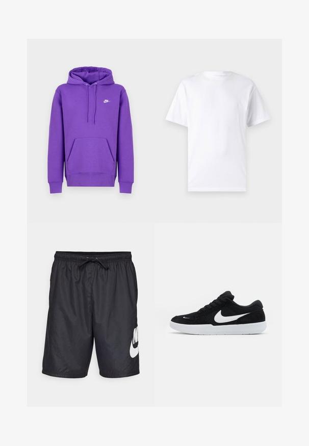 Lilla Nike hoodie med en forlommes, snoretræk i huen og hvidt logo på brystet. Lavet af blødt sweatshirtmateriale.; Hvid kortærmet t-shirt lavet af bomuld med rund hals, der har en glat tekstur og et simpelt design uden mønstre eller accenter.; Sorte badebukser lavet af let materiale, med en elastisk talje med snor og et stort hvidt Nike-logo på venstre ben.; Sorte ruskindssneakers med hvide accenter, der har en rund tå, tyk hvid sål og sorte snørebånd. Fremtrædende hvidt Nike-logo på siden.