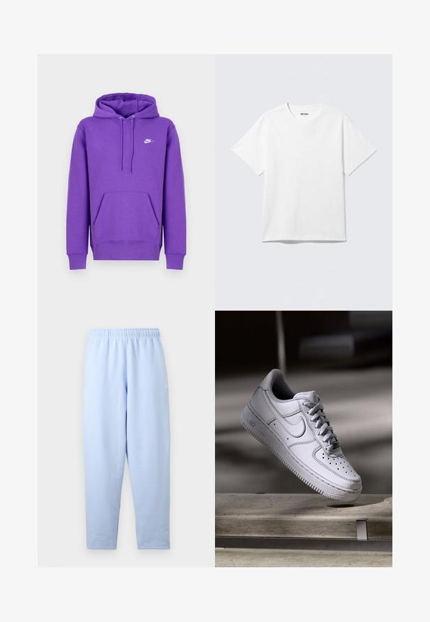 Fialová mikina Nike s predným vreckom, kapucňou na šnúrku a bielym logom na hrudi. Vyrobená z mäkkého materiálu na mikiny.; Biely krátky rukáv tričko s okrúhlym výstrihom, na rovine, jednoduchý dizajn, so štítkom "WEEKDAY" vo vnútri goliera na svetlom pozadí.; Svetlomodré, rovno strihané tepláky s elastickým pásom, jemným bočným logom a bez viditeľných vreciek či ďalších detailov.; Biely kožený teniska Nike Air Force 1 má perforovanú špičku, ploché šnúrky a štruktúrovanú gumovú podrážku s nápisom „AIR“ na boku.