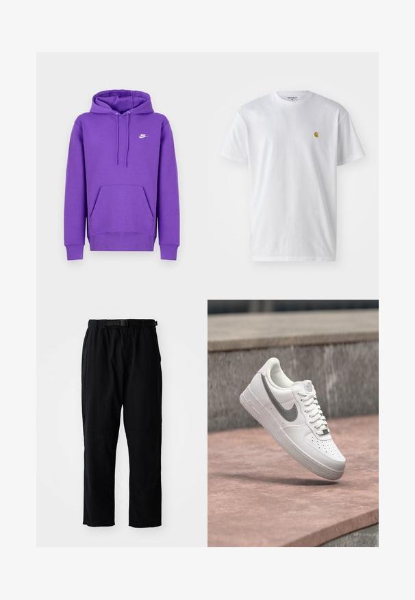 Μωβ φούτερ Nike με μπροστινή τσέπη, κουκούλα με κορδόνι και λευκό λογότυπο στο στήθος. Φτιαγμένο από μαλακό υλικό φούτερ.; Λευκό βαμβακερό T-shirt με κοντά μανίκια, κλασική λαιμόκοψη, που διαθέτει ένα μικρό χρυσό λογότυπο στην αριστερή περιοχή του στήθους. Μαλακή υφή και κανονική εφαρμογή.; Μαύρο, ελαφρύ παντελόνι με ευθεία κοπή, ελαστική μέση, ρυθμιζόμενη ζώνη και ενισχυμένες επιθέσεις στα γόνατα. Χωρίς ορατά σχέδια ή διακοσμητικά στοιχεία.; Λευκό sneaker Nike Air Force 1 με γκρι λογότυπο swoosh να αιωρείται πάνω από μια πέτρινη επιφάνεια και φόντο από γκρι πέτρινο τοίχο.