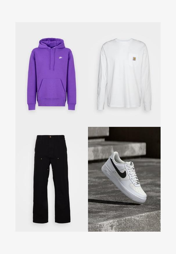 Μωβ φούτερ Nike με μπροστινή τσέπη, κουκούλα με κορδόνι και λευκό λογότυπο στο στήθος. Φτιαγμένο από μαλακό υλικό φούτερ.; Λευκό πουκάμισο μακρύ μανίκι από βαμβάκι, με τσέπη στο στήθος που διαθέτει τετράγωνη λογότυπη ετικέτα. Απλός σχεδιασμός με στρογγυλή λαιμόκοψη και μανίκια με μανσέτες.; Μαύρο τζιν παντελόνι με σχέδιο ευθείας γραμμής, διαθέτοντας χρυσά μεταλλικά στοιχεία και ορατές ραφές στις μπροστινές και πίσω τσέπες.; Λευκό αθλητικό παπούτσι Nike Air Force 1 με μαύρο λογότυπο swoosh, δεμένα κορδόνια, τοποθετημένο στον αέρα πάνω από υφή σκυροδέματος σε εξωτερικό χώρο.