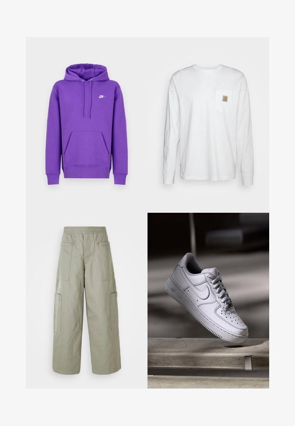 Fialová mikina Nike s predným vreckom, kapucňou na šnúrku a bielym logom na hrudi. Vyrobená z mäkkého materiálu na mikiny.; Biela košeľa s dlhým rukávom vyrobená z bavlny, s náprsné vrecko a štvorcovou nášivkou loga. Jednoduchý dizajn s okrúhlym výstrihom a manžetami.; Voľné olivovozelené cargo nohavice s elastickým pásom, viacerými vreckami a hladkou textúrou. Zúženie šírky na leme.; Biely kožený teniska Nike Air Force 1 má perforovanú špičku, ploché šnúrky a štruktúrovanú gumovú podrážku s nápisom „AIR“ na boku.