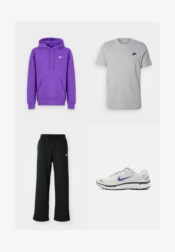 Fialová mikina Nike s predným vreckom, kapucňou na šnúrku a bielym logom na hrudi. Vyrobená z mäkkého materiálu na mikiny.; Sivý krátky rukáv T-shirt vyrobený z bavlny, s čiernym logom Nike na hrudi a okrúhlym výstrihom. Minimalistický dizajn bez vzorov.; Čierne tepláky vyrobené z mäkkej tkaniny, s elastickým pásom a nastaviteľnou šnúrkou, a malým logom na boku.; Nike Sportswear P 6000 - Tenisky - phantom/obsidian/summit white/white/black/metallic silver