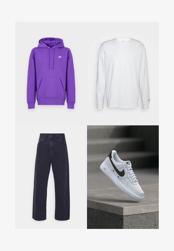 Μωβ φούτερ Nike με μπροστινή τσέπη, κουκούλα με κορδόνι και λευκό λογότυπο στο στήθος. Φτιαγμένο από μαλακό υλικό φούτερ.; Λευκό μπλουζάκι με μακριά μανίκια από βαμβάκι. Σχέδιο crew neck με ριμπ μανίκια και μικρό λογότυπο στο αριστερό μανίκι. Λείος υφάνσεις.; Σκούρο τζιν παντελόνι με φαρδιά εφαρμογή, ψηλή μέση και πέντε τσέπες. Περιλαμβάνει κλασικό κούμπωμα με κουμπί και φερμουάρ.; Λευκό αθλητικό παπούτσι Nike Air Force 1 με μαύρο λογότυπο Swoosh, αιωρείται πάνω από μια τσιμεντένια άκρη με θολές σκάλες στο φόντο.