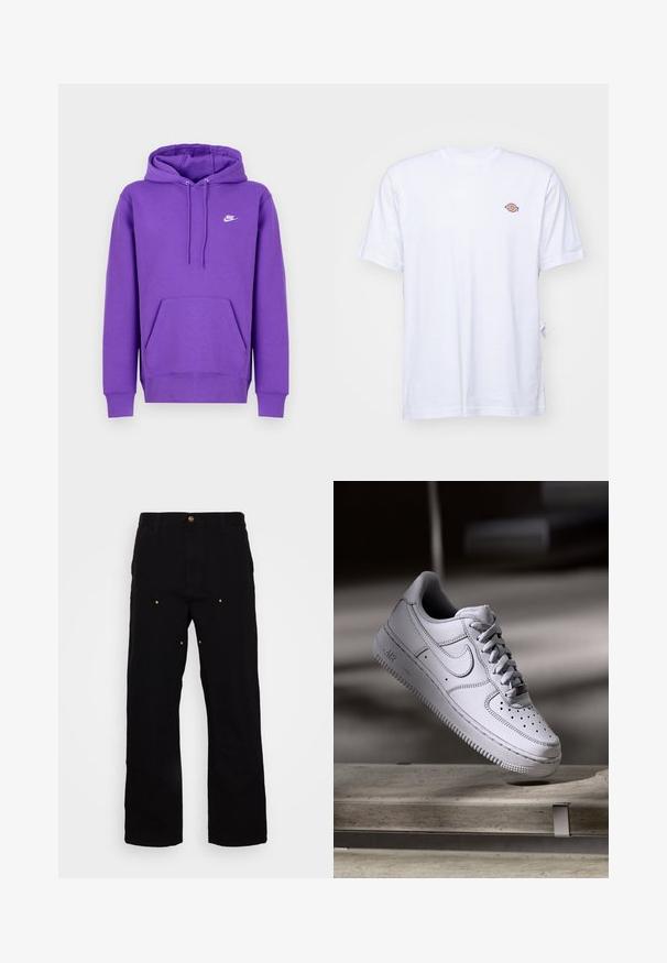 Lilla Nike hoodie med en forlommes, snoretræk i huen og hvidt logo på brystet. Lavet af blødt sweatshirtmateriale.; Hvid bomulds t-shirt med v-hals og korte ærmer. Har et lille farverigt broderet logo på venstre bryst. Blød tekstur.; Sorte denimbukser med lige ben, udstyret med guld hardware-detaljer og synlige syninger på for- og baglommer.; Hvid læder Nike Air Force 1 sneaker med perforeret tå, flade snørebånd og tekstureret gummisål med "AIR" branding på siden.