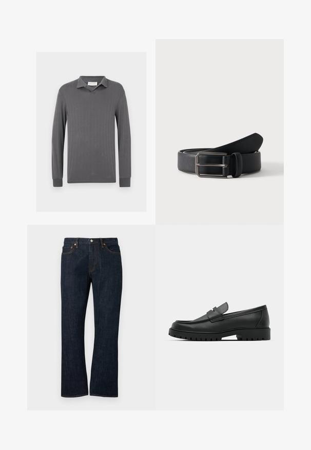 Polo gris à manches longues avec texture côtelée verticale, col cranté et patte de boutonnage sans boutons. Tissu doux avec manches ajustées.; Jean droit en denim bleu foncé avec poches avant, rivets en cuivre et fermeture par bouton.; Mocassins en cuir noir à bout arrondi, avec un design cousu, une semelle plateforme basse et une semelle en caoutchouc texturée et crantée.; Ceinture en cuir noir roulée avec une boucle métallique argentée rectangulaire sur un fond clair uni.