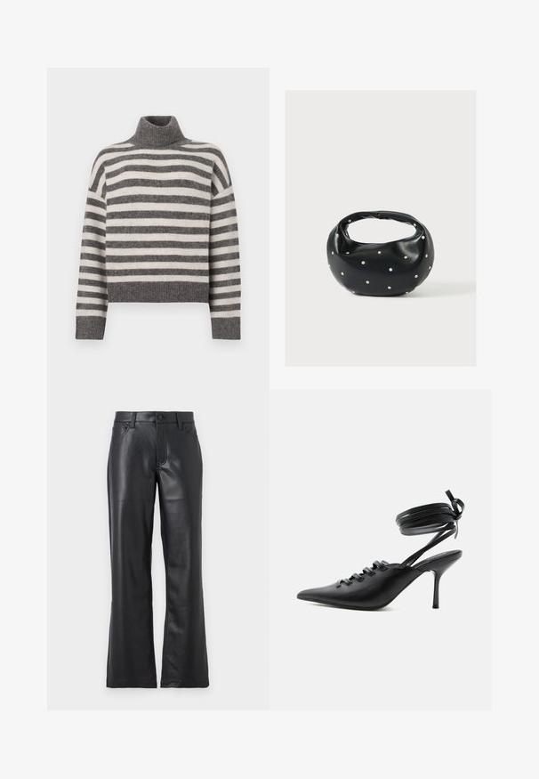 Stripet turtleneck sweater i grå og creme. Blødt materiale med en afslappet pasform, der har ribbede detaljer ved kraven og kanten.; Sorte læderbukser med en flagrende design, der har forlommer, bæltestropper og knaplukning. Glat tekstur med synlige sømme.; Sort spids sko med høje hæle, snørelukning foran og omlægning omkring anklerne bundet med sløjfe, vist fra siden på hvid baggrund.; Sort læderhåndtaske med en rundet form, dekoreret med sølvnitter, og et kort håndtag. Glat tekstur og lynlåslukning.
