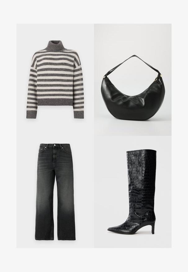 Stripet turtleneck sweater i grå og creme. Blødt materiale med en afslappet pasform, der har ribbede detaljer ved kraven og kanten.; Sorte denim jeans med en afslappet pasform, lige ben design, falmet tekstur, fem-lomme stil og sølvknaplukning i taljen.; Sorte knæhøje støvler med en blank, krokodillemønstret tekstur, spids tå og en affaset hæl. Glat syntetisk materiale.; Sort læder skuldertaske med en buet form, blød tekstur og en enkelt rem; har en guldbeslået lynlås og diskret branding.