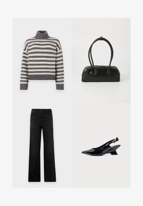 Stripet turtleneck sweater i grå og creme. Blødt materiale med en afslappet pasform, der har ribbede detaljer ved kraven og kanten.; Sorte denim bukser med vid ben og en klassisk fem-lomme-design, der inkluderer en knaplukning og subtil tekstur. Rene linjer og minimal pynt.; Sort laklæder slingback sko med spids tå og lav vinklet blokhæl på ensartet lys baggrund.; Sort læder håndtaske med to langstrakte håndtag, lynlåslukning og afrundet form; glat tekstur med en subtil blank finish.