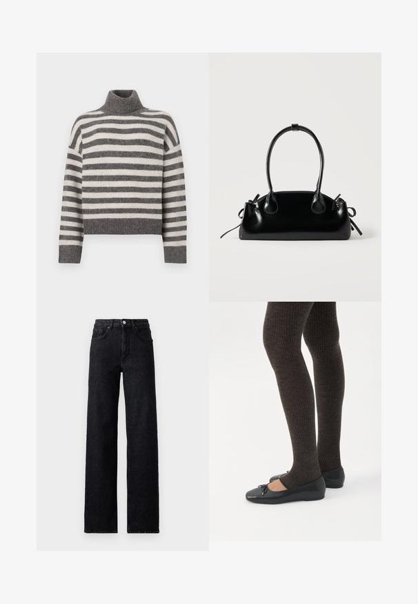 Stripet turtleneck sweater i grå og creme. Blødt materiale med en afslappet pasform, der har ribbede detaljer ved kraven og kanten.; Højtaljede sorte denim jeans med knap- og lynlåslukning, for- og baglommer samt lige ben.; Ben iført mørke ribbede leggings kombineret med sorte balletsko med små sløjfedetaljer på hvid baggrund.; Lille sort blank håndtaske med to lange håndtag og snøre-detaljer i siden på en ensfarvet lys baggrund.