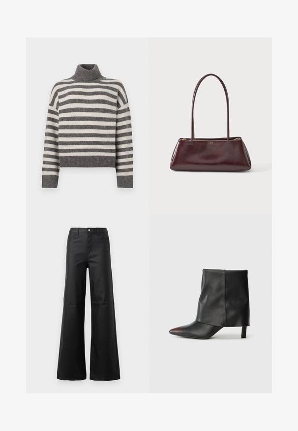 Stripet turtleneck sweater i grå og creme. Blødt materiale med en afslappet pasform, der har ribbede detaljer ved kraven og kanten.; Sorte brede jeans lavet af glat denim, med knaplukning, forlommer og højtaljede design.; Sort ankelstøvle lavet af glat læder med spids tå og tilspidset hæl. Overdelen har et let rynket design.; Mørkebrun rektangulær læderhåndtaske med lange tynde stropper og guldfarvet lynlås, mærket ALDO midt foran.