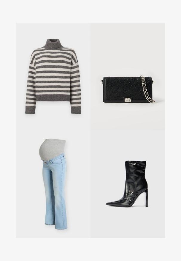 Stripet turtleneck sweater i grå og creme. Blødt materiale med en afslappet pasform, der har ribbede detaljer ved kraven og kanten.; Lyseblå graviditetsjeans med en elastisk grå linning, designet til at give plads til en gravid mave.; Sort læder ankelstøvler med spidse tæer, høje hæle og dekorative sølvspænder på siderne for ekstra detaljer.; Sort rektangulær clutchtaske med glitrende perlepynt og sølv metal kæderem på hvid baggrund.