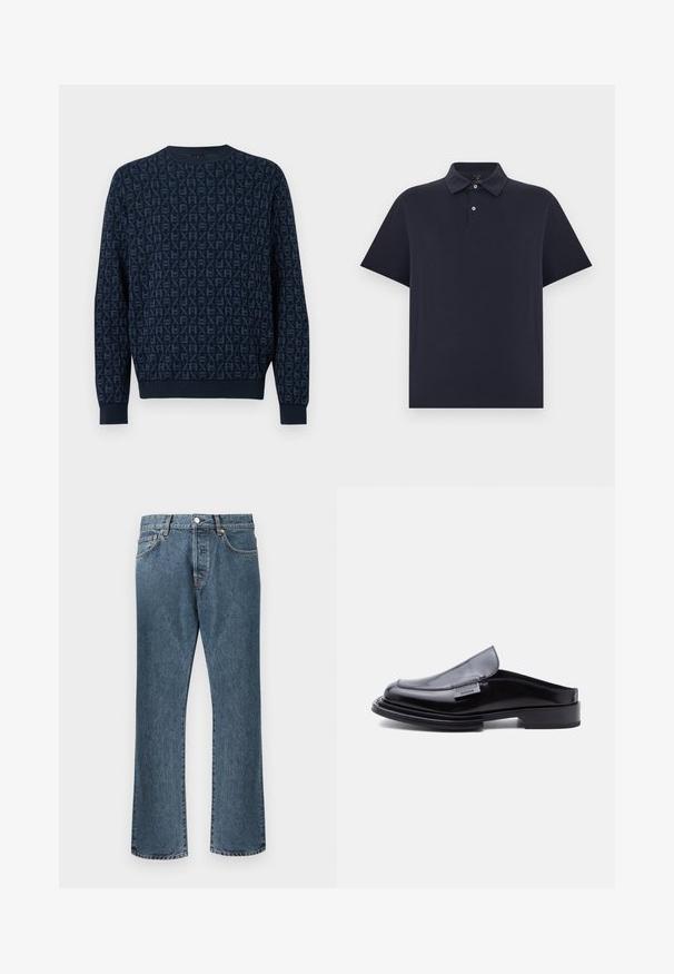 Pull bleu marine à col rond avec manches longues, en tissu texturé présentant un motif répétitif en relief HX sur toute la surface.; Polo noir à manches courtes avec patte de boutonnage à deux boutons et col classique, sur un fond clair uni.; Jean en denim bleu avec une coupe droite, dotés d'une fermeture classique à bouton et à glissière, de cinq poches et d’un léger délavage.; Mocassin à enfiler en cuir verni noir, bout carré, talon plat, avec une plaque métallique "Moschino Milano" sur le côté.