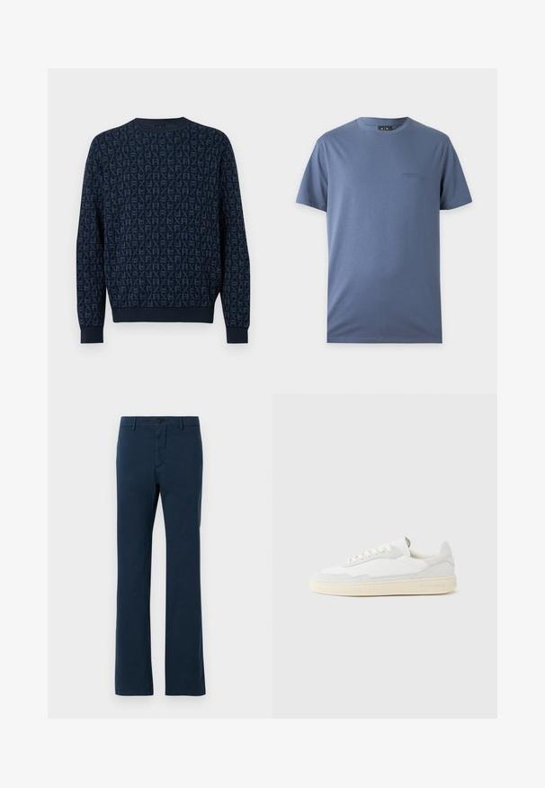 Pull bleu marine à col rond avec manches longues, en tissu texturé présentant un motif répétitif en relief HX sur toute la surface.; T-shirt bleu uni à manches courtes avec col rond et petit logo brodé discret sur la poitrine gauche.; Pantalons en coton bleu marine avec une coupe droite, dotés d'une fermeture à bouton sur le devant et de passants de ceinture, texture lisse et coupe ajustée.; Baskets blanches avec dessus en daim et cuir texturé. Caractérisées par un bout arrondi, une fermeture à lacets et une semelle en caoutchouc beige contrastante.