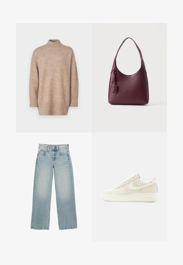 Pull en tricot beige avec un col roulé haut, des épaules tombantes et un ourlet côtelé, offrant une texture douce et une coupe décontractée.; Jeans en denim bleu clair à jambes larges avec une taille haute, dotés de cinq poches, d'une fermeture à boutons et d'un léger délavage pour un effet usé.; Baskets Nike Air Force 1 beige à tige basse avec fermeture à lacets et semelle en caoutchouc, vues de côté extérieur sur un fond blanc.; Sac à main en cuir bordeaux foncé avec une bandoulière simple et une petite étiquette décorative avec un anneau doré sur un fond clair uni.