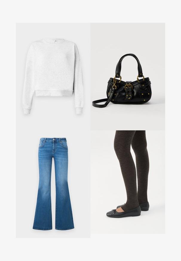 Grijze katoenen sweatshirt met een ronde halslijn, verlaagde schouders en geribbelde manchetten. Heeft een cropped zoom en een zachte, textuurstof.; Flared blauwe denim jeans met een medium hoge taille, vijf zakken en vervaagde details op de dijen. Zilveren accenten op de knopen.; Benen met donkere geribbelde leggings gecombineerd met zwarte ballerina's met kleine strikdetails op een witte achtergrond.; Zwarte leren handtas met gouden gesp en klinknagel details, korte handvatten en een verstelbare schouderriem op een effen witte achtergrond.