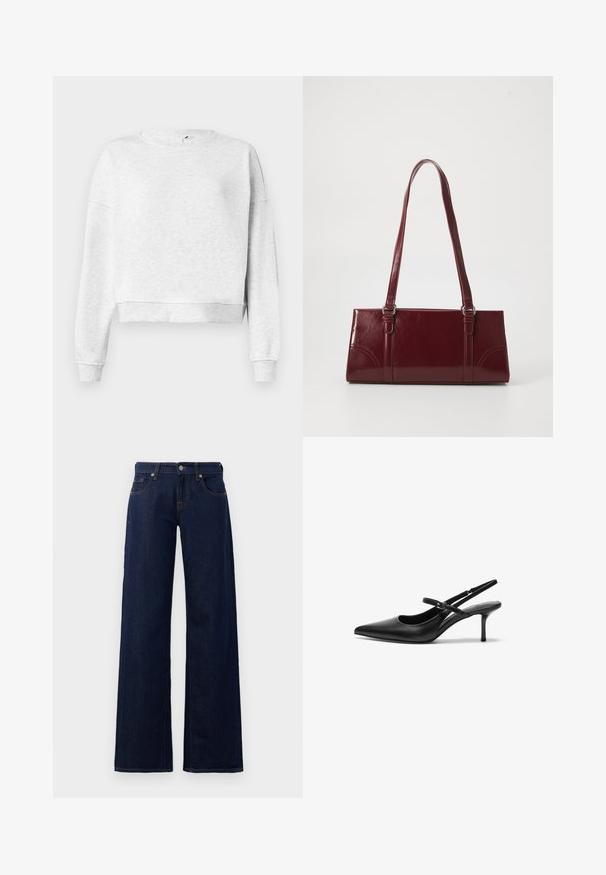 Grå bomulds sweatshirts med rund halsudskæring, dropped skuldre og ribbetræk. Har en cropped kant og blødt, tekstureret stof.; Vide ben jeans i mørkeblå denim med standard fem-lomme design, kobber søm og en knaplukning i taljen.; Sorte læder slingback hæle med spids tå, slank justerbar rem og en stiletto hæl på cirka 5 cm, glat tekstur.; Bordeaux håndtaske lavet af glansfuldt materiale, rektangulær form, med to skulderremme og subtile buede detaljer på forsiden.