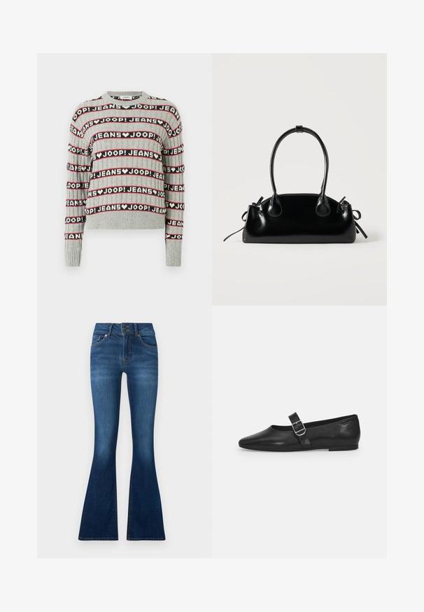 Grå strikket sweater med et mønster af vekslende "JOOP! JEANS"-tekst i sorte og røde striber, med ribstrikket rund halsudskæring og ærmekanter.; (Udvidede) jeans lavet af mørkeblå denim. Har to-knaps lukning, fem lommer og falmede detaljer på benene. Standard talje design.; Sorte læder flade sko med rund tå, et enkelt justerbart spænde og en glat, blank overflade. Minimalistisk design med en lav hæl.; Lille sort blank håndtaske med to lange håndtag og snøre-detaljer i siden på en ensfarvet lys baggrund.