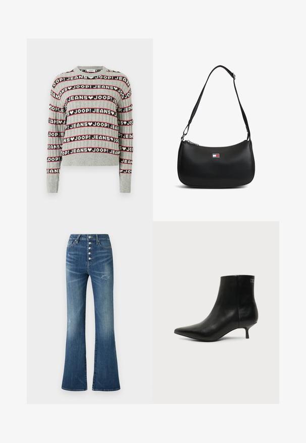 Pull gris en maille présentant un motif alterné de texte "JOOP! JEANS" en rayures noires et rouges, avec un col rond et des poignets côtelés.; Jean flare bleu en denim taille haute avec fermeture à boutons et légers délavages sur les cuisses et les genoux.; Bottine en cuir noir avec bout pointu et petit talon kitten sur fond clair, vue côté extérieur.; Sac à épaule noir avec sangle ajustable et petite plaque logo Tommy Jeans au centre avant.