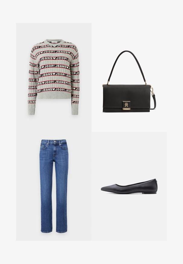 Grå strikket sweater med et mønster af vekslende "JOOP! JEANS"-tekst i sorte og røde striber, med ribstrikket rund halsudskæring og ærmekanter.; Blå denim jeans med lige ben, fem lomme-design og knaplukning. Har diskret syning langs sømmene og kanten.; Sort flad lædersko med spidst tåparti og lav hæl, vist i sideprofil mod en hvid baggrund.; Sort håndtaske i tekstureret læder med top-håndtag og guldfarvet logospænde på frontklappen, med aftagelig skulderrem.