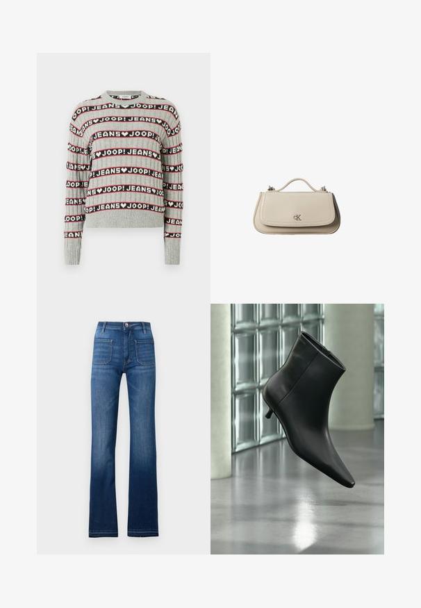 Pull gris en maille présentant un motif alterné de texte "JOOP! JEANS" en rayures noires et rouges, avec un col rond et des poignets côtelés.; Jean en denim bleu évasé avec un design à cinq poches, une fermeture à bouton et des coutures visibles le long des bords, avec une finition légèrement décolorée.; Bottine en cuir noir à bout pointu et petit talon kitten, présentée en angle devant un sol poli et un mur en blocs de verre.; Petit sac à main en cuir beige avec poignée supérieure et logo CK argenté sur le rabat avant, présenté sur fond blanc.