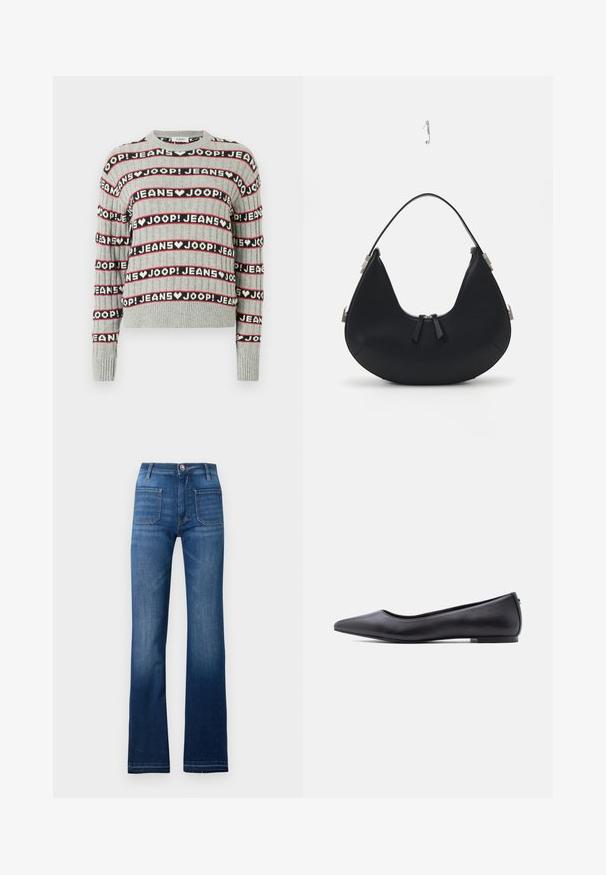 Pull gris en maille présentant un motif alterné de texte "JOOP! JEANS" en rayures noires et rouges, avec un col rond et des poignets côtelés.; Jean en denim bleu évasé avec un design à cinq poches, une fermeture à bouton et des coutures visibles le long des bords, avec une finition légèrement décolorée.; Chaussure plate en cuir noire à bout pointu avec petit talon, vue de profil sur fond blanc.; Sac à main en cuir noir avec une forme incurvée, fermeture éclair, deux pompons noirs et des accents en métal argenté, y compris un détail d'attache unique.
