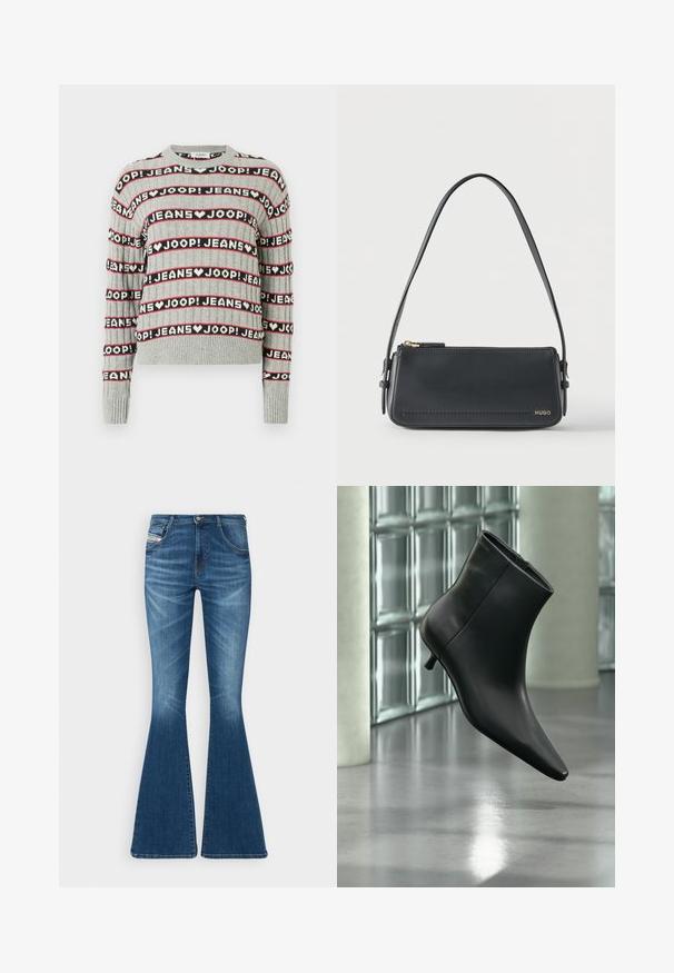 Pull gris en maille présentant un motif alterné de texte "JOOP! JEANS" en rayures noires et rouges, avec un col rond et des poignets côtelés.; Jean évasé en denim bleu moyen, avec une taille haute, un design à cinq poches et des détails de décoloration subtils au niveau des cuisses.; Bottine en cuir noir à bout pointu et petit talon kitten, présentée en angle devant un sol poli et un mur en blocs de verre.; Sac à bandoulière rectangulaire en cuir noir avec fermeture éclair dorée et petit logo "HUGO" doré sur le devant, doté d'une sangle réglable avec boucle.