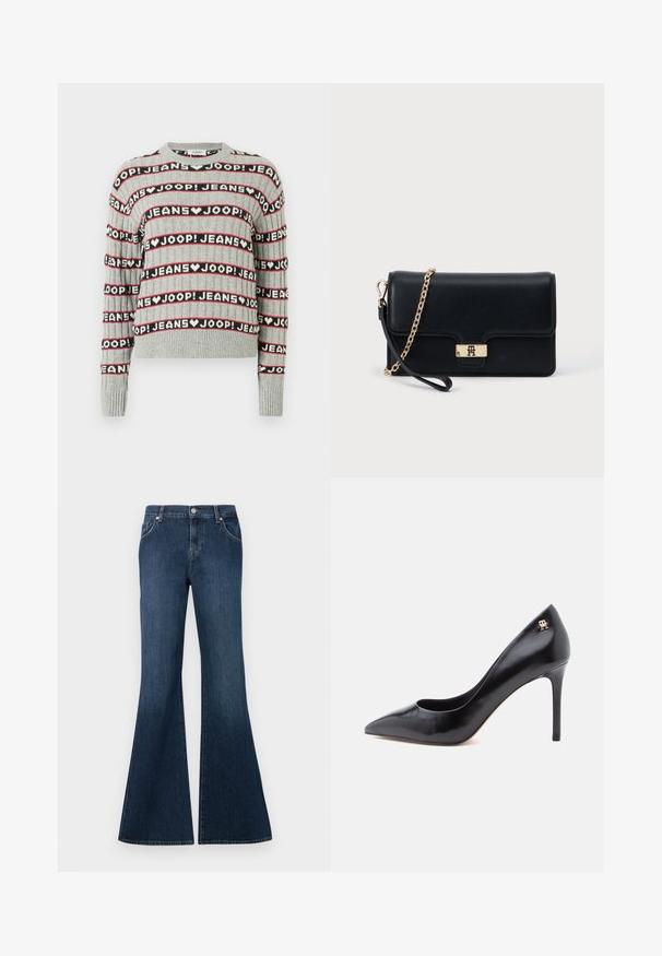 Suéter gris de punto con un patrón de texto alternado "JOOP! JEANS" en franjas negras y rojas, con cuello redondo y puños acanalados.; Vaqueros de mezclilla de cintura alta en azul oscuro con perneras acampanadas, cierre delantero de botón, trabillas para cinturón, y bolsillos delanteros y traseros.; Zapato de tacón alto de cuero negro con punta puntiaguda, con un diseño recortado y un pequeño detalle de logo dorado en el talón.; Bolso de mano de cuero negro con un cierre y cadena en tono dorado. Diseño compacto con una textura suave y un detalle mínimo.