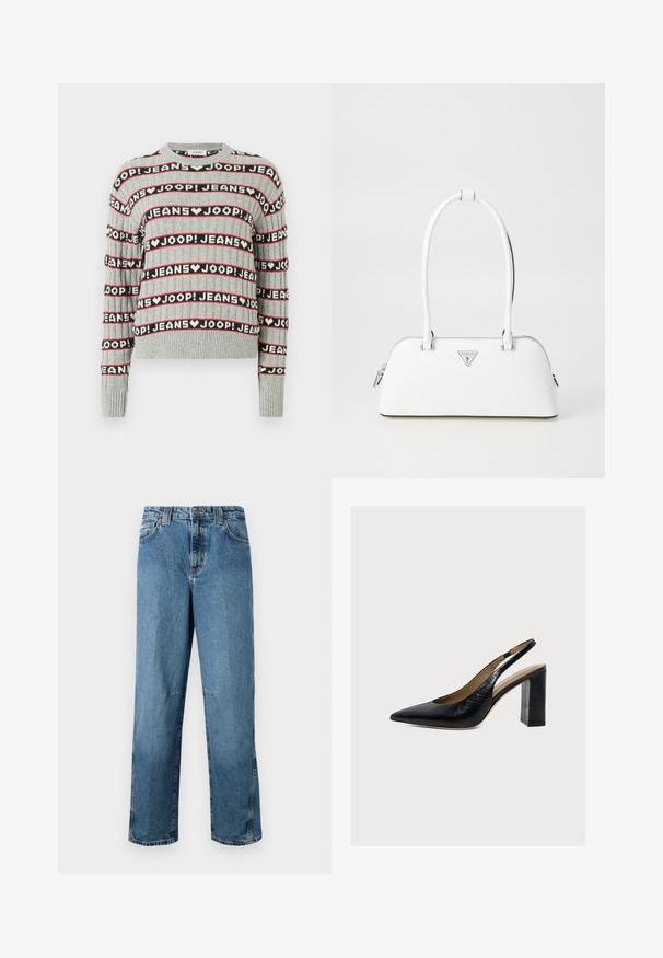 Grå strikket sweater med et mønster af vekslende "JOOP! JEANS"-tekst i sorte og røde striber, med ribstrikket rund halsudskæring og ærmekanter.; Lyseblå denimjeans med lige pasform, udstyret med stiklommer, en frontknaplukning og minimal falmning på stoffet.; Sort læder dame slingback sko med spids tå og høj blokhæl på lys baggrund.; Hvid lædertaske med en buet form, der har et sølvtrapezlogo og lynlåslukning. Glat tekstur og dobbelthåndtag.