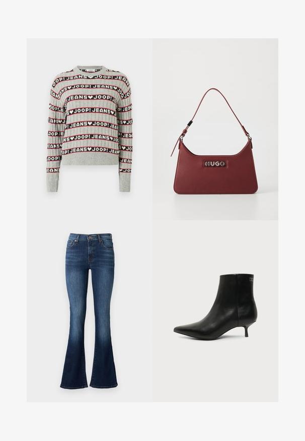 Suéter gris de punto con un patrón de texto alternado "JOOP! JEANS" en franjas negras y rojas, con cuello redondo y puños acanalados.; Vaqueros acampanados azules hechos de denim. Presentan una cintura alta, cinco bolsillos y un ligero desvanecimiento cerca del dobladillo. Costuras en un color contrastante.; Botín de piel negra con puntera puntiaguda y tacón bajo estilo kitten sobre fondo claro, mostrando vista lateral exterior.; Pequeño bolso rectangular de cuero burdeos con correa ajustable y placa de logotipo plateada "HUGO" en la parte frontal.