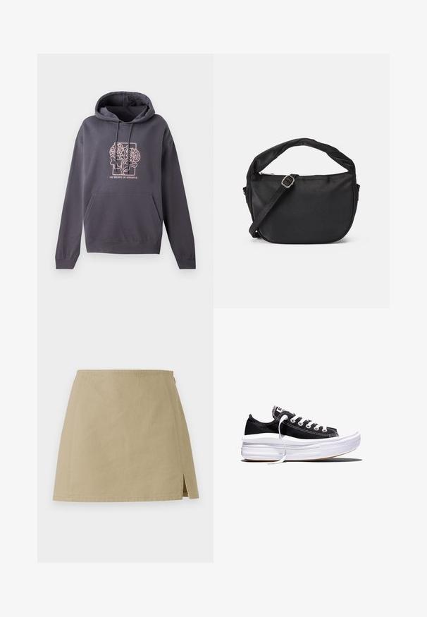 Donkergrijze hoodie met een voorzak, een capuchon met trekkoord en een lichtroze grafisch ontwerp met verweven bladeren en de tekst "DE BALANS VAN TEGENSPELLINGEN."; Beige A-lijn mini-rok met zijnaad, gemaakt van textiel met een structuur, gepresenteerd tegen een effen witte achtergrond.; Zwarte lage canvas sneaker met witte veters en dikke, meerlagige witte rubberen zool tegen een witte achtergrond.; Zwarte stoffen schoudertas met een gedraaide handgreep, een afneembare schouderband en een ritssluiting aan de bovenkant. Gladde textuur en minimalistisch design.