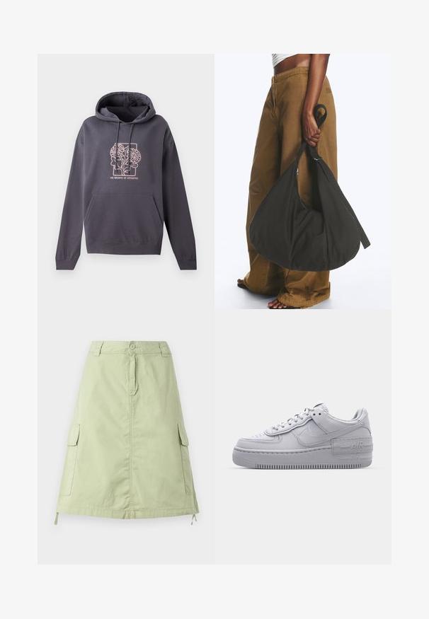 Donkergrijze hoodie met een voorzak, een capuchon met trekkoord en een lichtroze grafisch ontwerp met verweven bladeren en de tekst "DE BALANS VAN TEGENSPELLINGEN."; Lichtgroene katoenen knie-lange rok met twee zijcargo pockets, een knoopsluiting en een relaxte rechte pasvorm. Effen textuur.; Grijze Nike Air Force 1 sneaker met geperforeerde neus, glad leren bovenwerk, dikke zool en verhoogde 'AIR' details op de hiel.; Persoon met bruine wijde broek en wit topje houdt een grote zwarte zachte handtas aan het hengsel bij hun zijde vast.