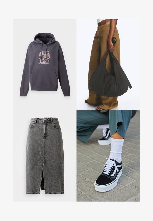 Donkergrijze hoodie met een voorzak, een capuchon met trekkoord en een lichtroze grafisch ontwerp met verweven bladeren en de tekst "DE BALANS VAN TEGENSPELLINGEN."; Hoge taille, vervaagde zwarte denim midi-jurk met een split aan de voorkant, riemlussen en een klassieke vijf-pocket ontwerp.; Zwarte suède sneaker met witte accenten en veters, uitgerust met een dikke witte zool en contrasterende stiksels, gecombineerd met een witte sok.; Persoon met bruine wijde broek en wit topje houdt een grote zwarte zachte handtas aan het hengsel bij hun zijde vast.