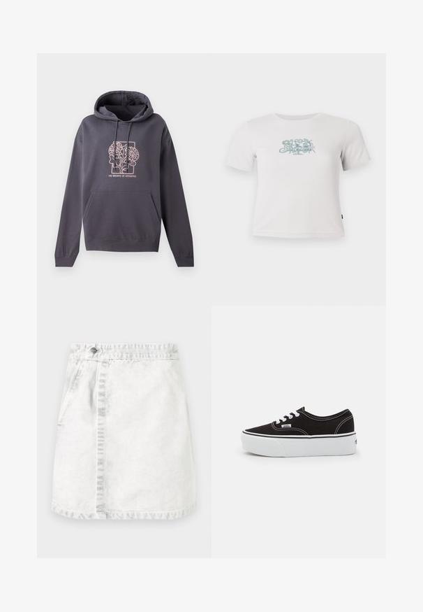 Donkergrijze hoodie met een voorzak, een capuchon met trekkoord en een lichtroze grafisch ontwerp met verweven bladeren en de tekst "DE BALANS VAN TEGENSPELLINGEN."; Korte witte geribbelde T-shirt met korte mouwen en een kleine groene bloemenafbeelding in het midden van de borst.; Denimrok in lichtgrijs. A-lijn ontwerp met voorzakken, een zichtbare naad in het midden en een enkele metalen knop op de tailleband.; Zwarte canvas sneaker met een witte rubberen platformzool, voorzien van witte veters en stiksels, iconische branding op de zijkant, low-top ontwerp.
