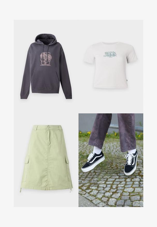 Donkergrijze hoodie met een voorzak, een capuchon met trekkoord en een lichtroze grafisch ontwerp met verweven bladeren en de tekst "DE BALANS VAN TEGENSPELLINGEN."; Korte witte geribbelde T-shirt met korte mouwen en een kleine groene bloemenafbeelding in het midden van de borst.; Lichtgroene katoenen knie-lange rok met twee zijcargo pockets, een knoopsluiting en een relaxte rechte pasvorm. Effen textuur.; Zwarte suède sneakers met witte accenten, met een ronde neus, dikke witte zool en klassieke vetersluiting, gedragen met witte sokken en paarse broek.