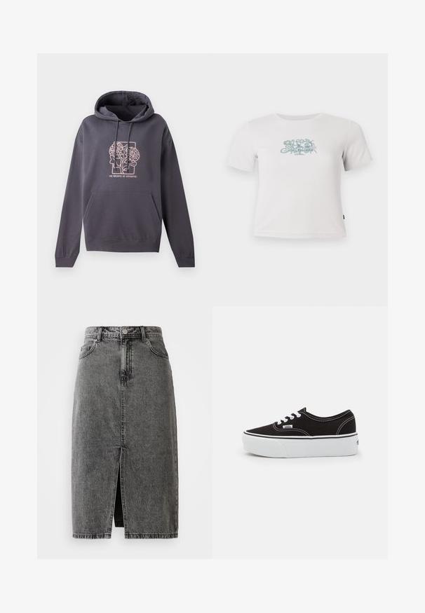 Donkergrijze hoodie met een voorzak, een capuchon met trekkoord en een lichtroze grafisch ontwerp met verweven bladeren en de tekst "DE BALANS VAN TEGENSPELLINGEN."; Korte witte geribbelde T-shirt met korte mouwen en een kleine groene bloemenafbeelding in het midden van de borst.; Hoge taille, vervaagde zwarte denim midi-jurk met een split aan de voorkant, riemlussen en een klassieke vijf-pocket ontwerp.; Zwarte canvas sneaker met een witte rubberen platformzool, voorzien van witte veters en stiksels, iconische branding op de zijkant, low-top ontwerp.