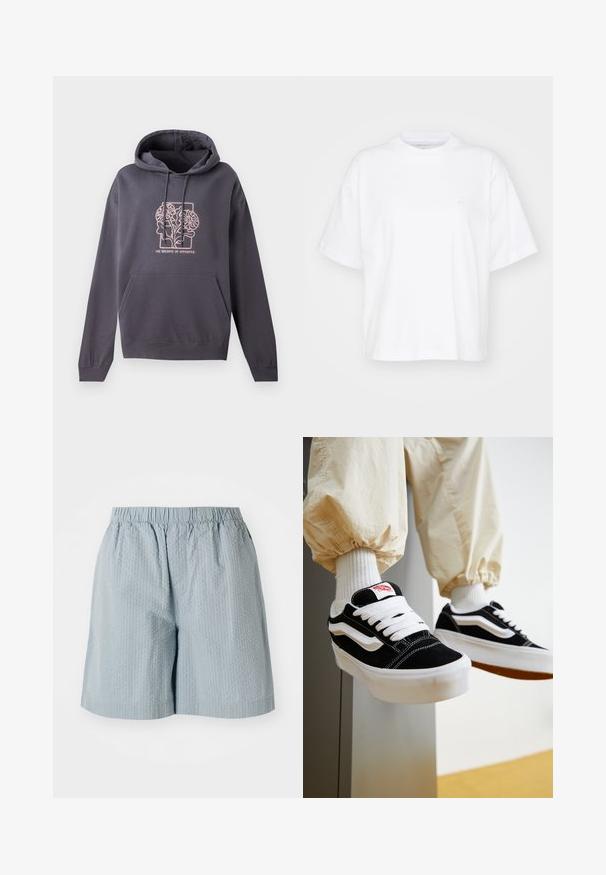 Donkergrijze hoodie met een voorzak, een capuchon met trekkoord en een lichtroze grafisch ontwerp met verweven bladeren en de tekst "DE BALANS VAN TEGENSPELLINGEN."; Witte katoenen t-shirt met een ronde hals, korte mouwen en een ontspannen pasvorm. Heeft een subtiel logo op het linkerborstgedeelte. Zachte textuur.; Lichtblauwe, gestructureerde shorts met een elastische tailleband, met een relaxte pasvorm en zonder zichtbare zakken of hardware.; Persoon die zwart-witte Vans sneakers draagt met witte veters, witte sokken en beige broek met elastische manchetten.