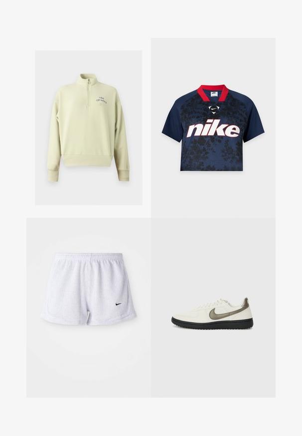 Ανοιχτό μπεζ μακρυμάνικο Nike Athletics πουλόβερ με μπροστινό μισό φερμουάρ και ριμπ μανσέτες και στρίφωμα.; Ναυτικό μπλε crop top με κοντά μανίκια και μαύρο ανθισμένο μοτίβο, κόκκινο γιακά και μεγάλο λευκό λογότυπο Nike με κόκκινο περίγραμμα μπροστά.; Λευκά, ριγέ αθλητικά σορτς με ελαστική μέση και μικρό μαύρο λογότυπο Nike στη κάτω αριστερή πλευρά. Απλός, μινιμαλιστικός σχεδιασμός.; Nike Sportswear FIELD GENERAL - Αθλητικά παπούτσια - off-white/black