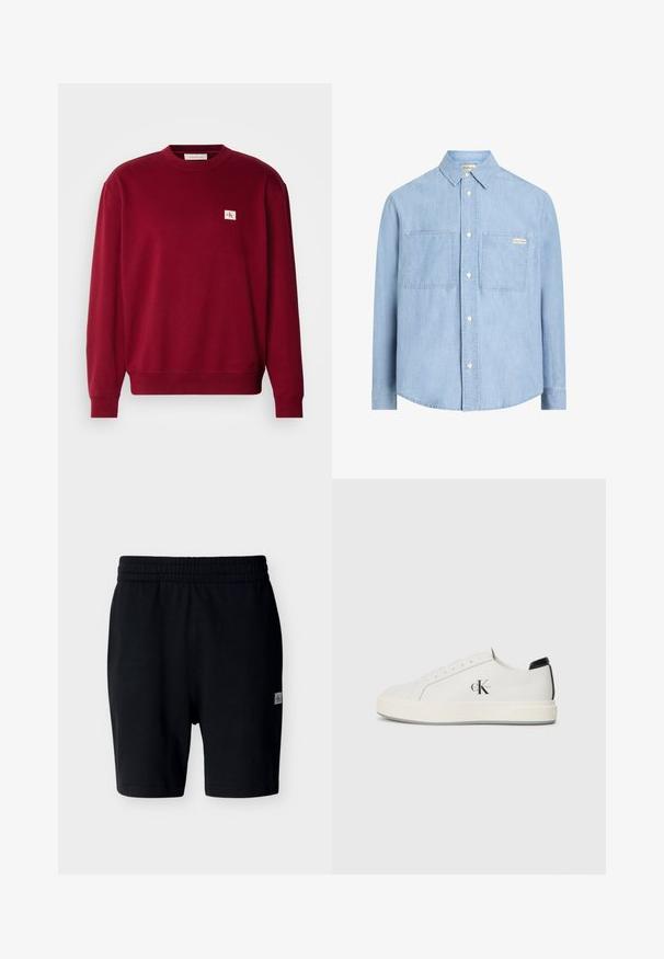Rød sweatshirt lavet af blødt stof, med rund hals, lange ærmer og et lille broderet logo på den øverste venstre bryst.; Lyseblå button-up skjorte lavet af denimstof, med spidse kraver, to brystlommer og et lille logomærke på den venstre lomme.; Sorte casual shorts med elastisk talje og lille logo-patch på højre lår, vist mod en ensartet lys baggrund.; Hvide lædersneakers med rund tå, flad gummisål og sort hælaccent. Har et fremtrædende sort Calvin Klein-logo på siden.