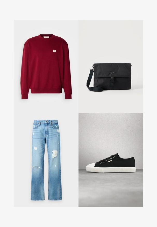 Rød sweatshirt lavet af blødt stof, med rund hals, lange ærmer og et lille broderet logo på den øverste venstre bryst.; Lyseblå denimjeans med lige ben, der har slidte detaljer og en falmet finish. Inkluderer en metalknap og fem lommer.; Sort-hvid lavtop-sneaker fra Calvin Klein med snørebånd, svævende over en glat grå gulv nær en væg af glasblokke.; Sort Calvin Klein messenger-taske med justerbar skulderrem og frontklap sikret med spænde, vist mod en ensfarvet baggrund.