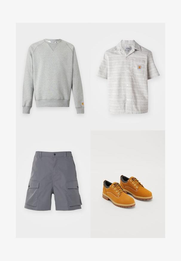 Lysegrå crewneck sweatshir t med lange ærmer, ribbede manchetter og kant, samt lille logo patch på venstre ærmekant.; Kortærmet skjorte i lys grå med lodrette striber, knappelukning foran og en brystlomme med et lille orange logo. Fabrik i bomuldsblanding.; Carhartt WIP BALTO - Shorts - graphite; Brune ruskindssko med rund tå, gule snørebånd, en polstret sort krave og gummisåler med skridsikre riller.
