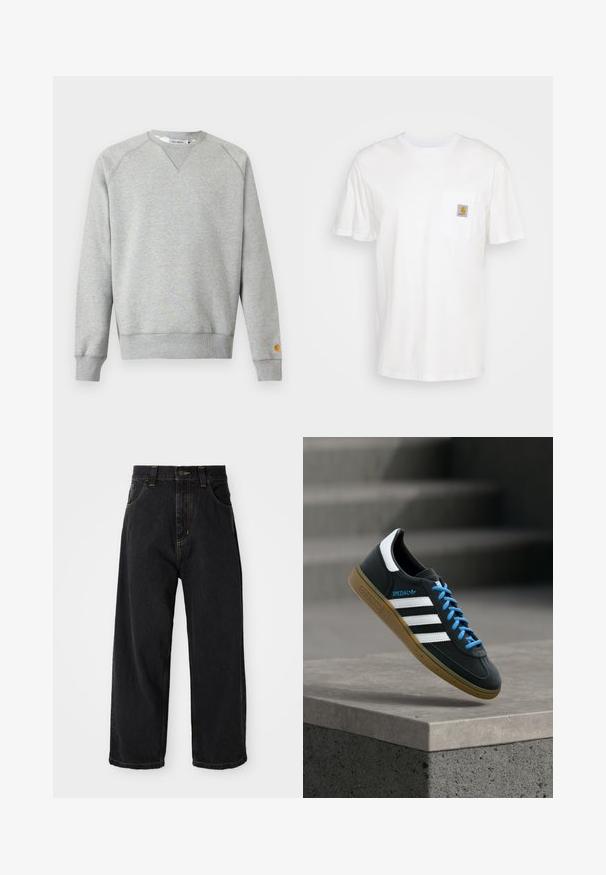 Lichtgrijze crewneck sweater met lange mouwen, geribde manchetten en zoom, en een klein logoplaatje op de linkermouwmanchet.; Witte katoenen t-shirt met korte mouwen, een borstzak en een klein vierkant logo-opdruk in oranje en wit op de zak.; Zwarte wijde denim jeans met hoge taille, voorste knoop, rits en gele stiksels op de zakken en naden.; Zwarte Adidas-sneaker met witte strepen, blauwe veters en een gumzool die boven een grijze betonnen trede zweeft in zacht licht.