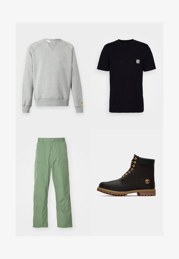 Lysegrå crewneck sweatshir t med lange ærmer, ribbede manchetter og kant, samt lille logo patch på venstre ærmekant.; Sort bomulds T-shirt med korte ærmer, rund hals og en brystlomme, der har et lille, kvadratisk logo-patch. Enkel, ensfarvet design.; Lysgrønne, afslappede bukser med en glat tekstur, der har sidelommer og synlige syninger. Hel længde med et lige ben-design.; Sorte læder ankelstøvle med gyldne øjer, brune detaljer og gummisål. Har en polstret krave og præget logo på siden.