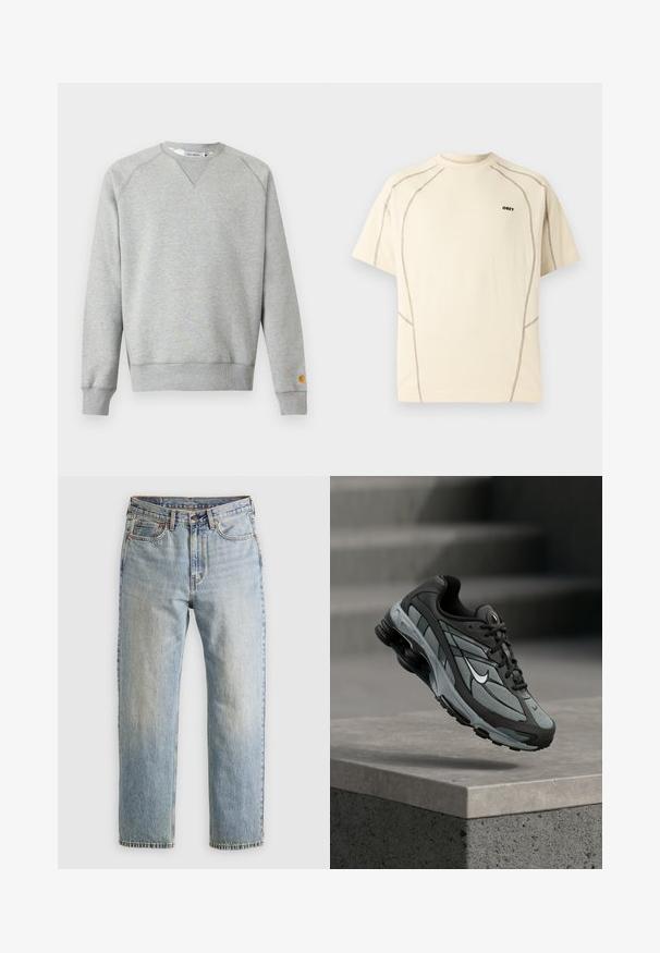 Lichtgrijze crewneck sweater met lange mouwen, geribde manchetten en zoom, en een klein logoplaatje op de linkermouwmanchet.; Beige T-shirt met korte mouwen, donkere contrasterende naden en een klein "OBEY"-logo op de linkerborst, tegen een lichte achtergrond.; Lichtblauwe denim jeans met hoge taille, frontknop, rits en vijfzakkenontwerp, plat gelegd op een neutrale achtergrond.; Grijze en zwarte sportieve sneaker met meshpanelen en dikke zool, zwevend in de lucht boven een betonnen richel met trappen op de achtergrond.